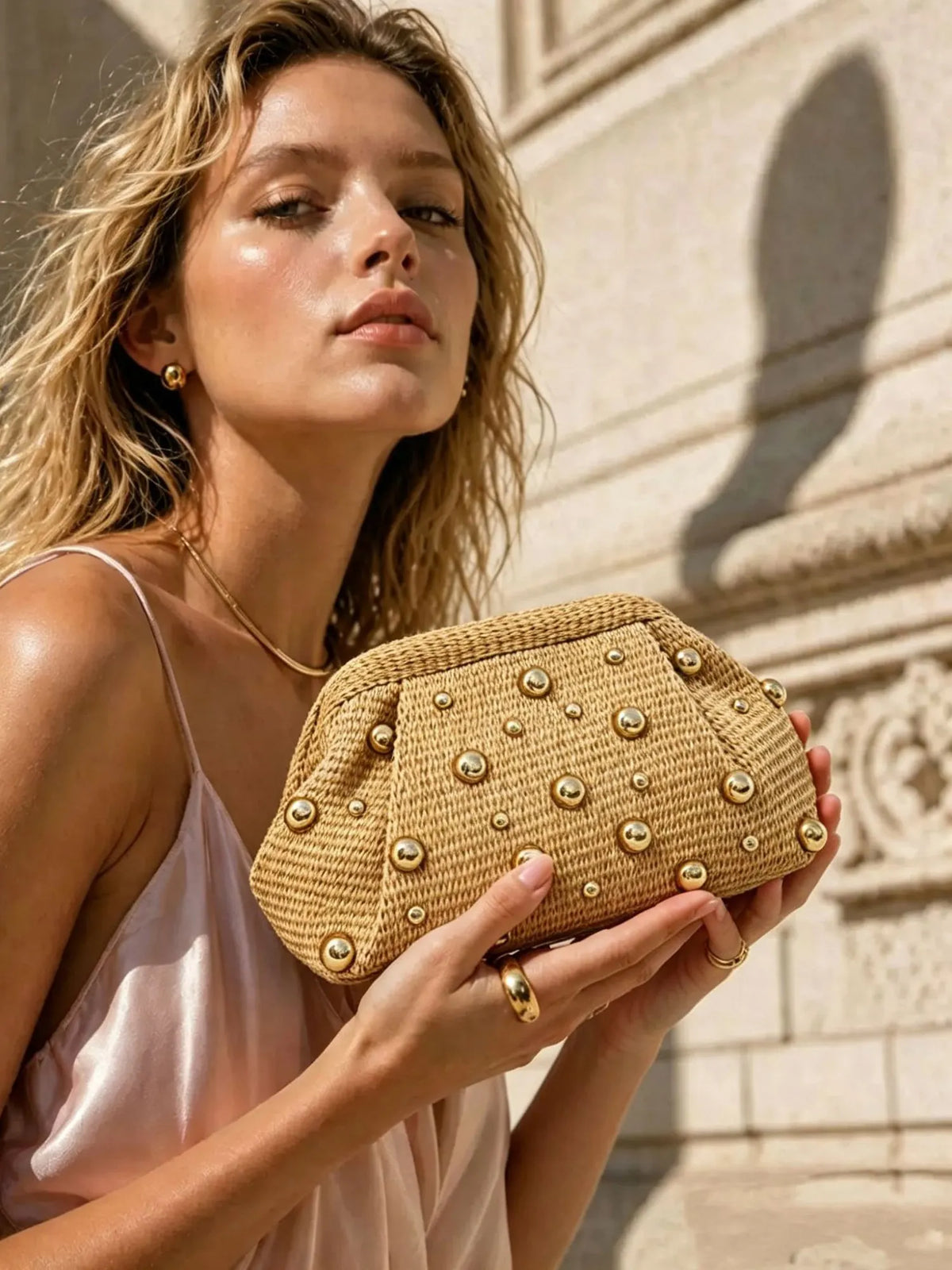Madelyn Straw Bag with Metal Rivets