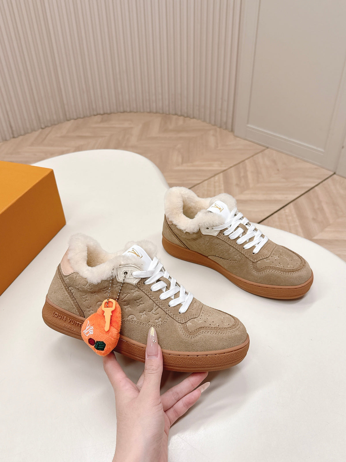 LV Stadium Sneaker White Brown Suede Wool 595425
