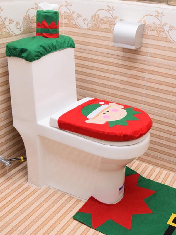 3-Piece Snowman Santa Toilet Seat Cover And Rug Set Christmas Decorations