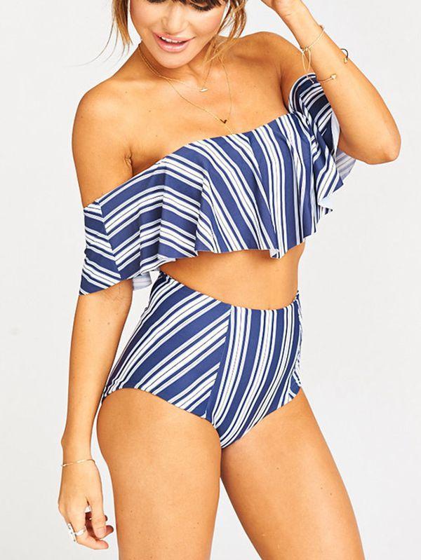 Strapless High Waist Floral Printed Off-The-Shoulder Ruffled Swimsuit-4
