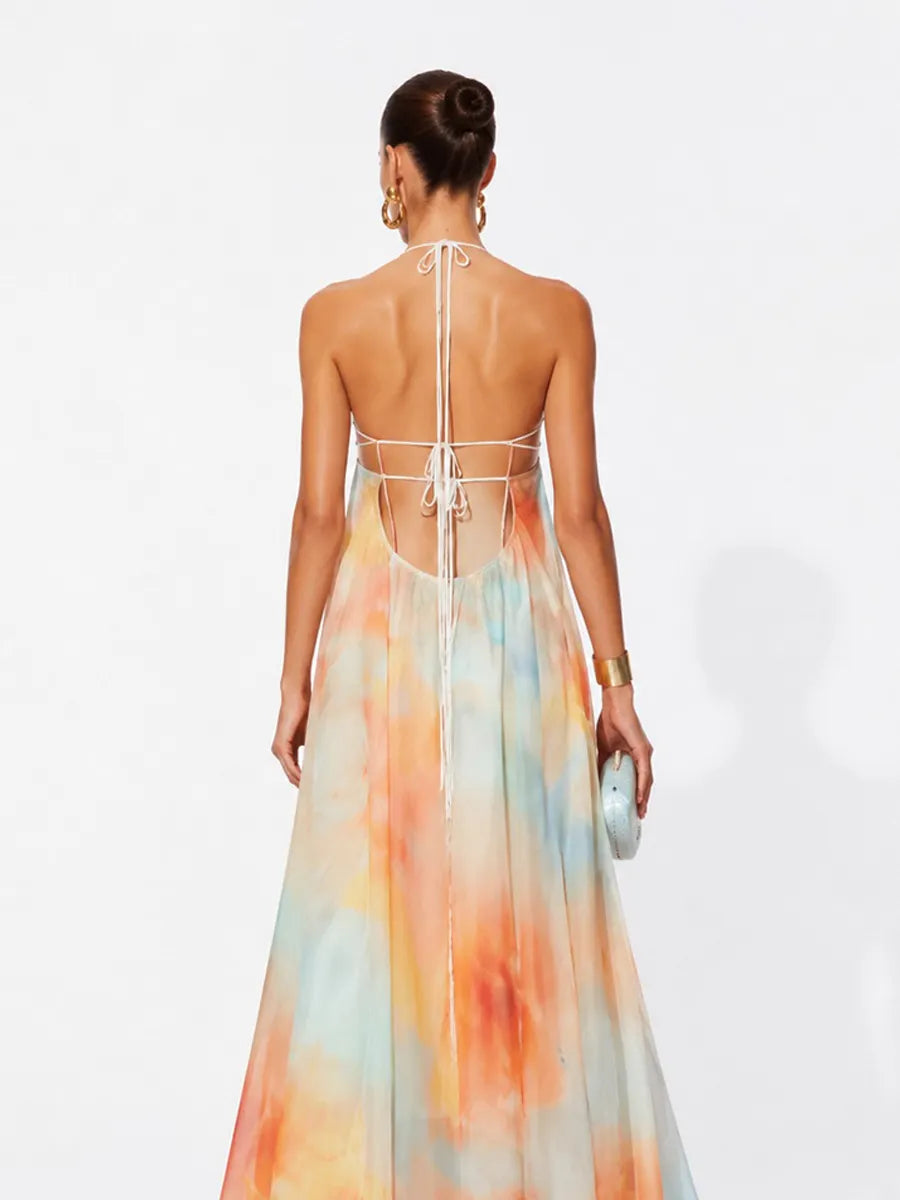 Madeline Printed Chiffon Lace-Up Backless Maxi Dress