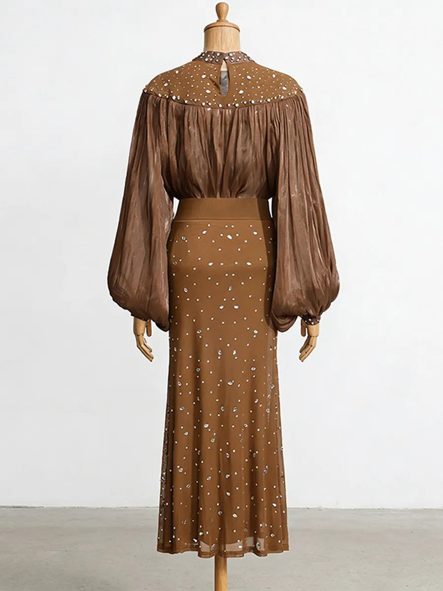 Isadora Mesh Lantern Sleeve Rhinestone Two Piece Set