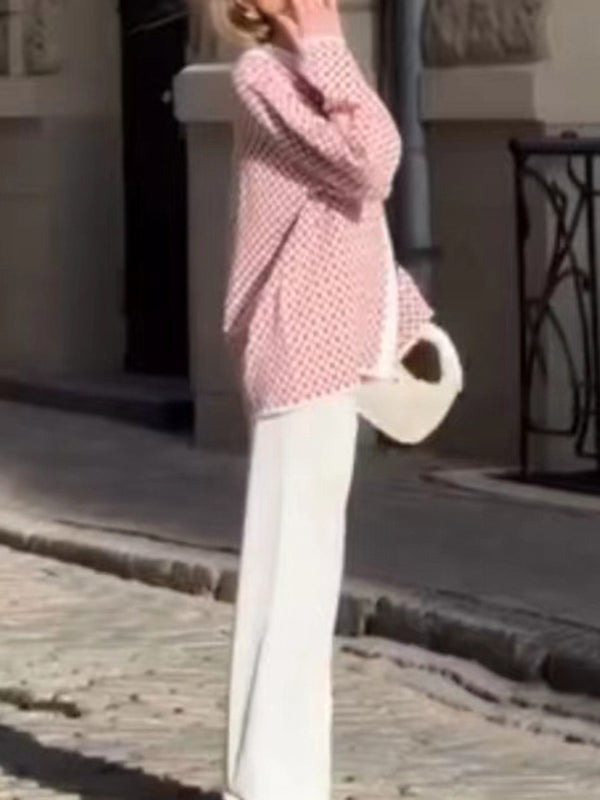 Long Sleeves Loose Plaid Split-Joint Lapel Cardigan Tops Sweater Tops