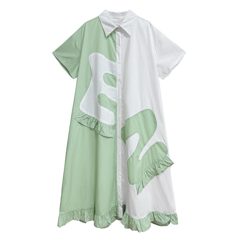 Color Block Polo Collar Flounce Sleeveless A-Line Dress