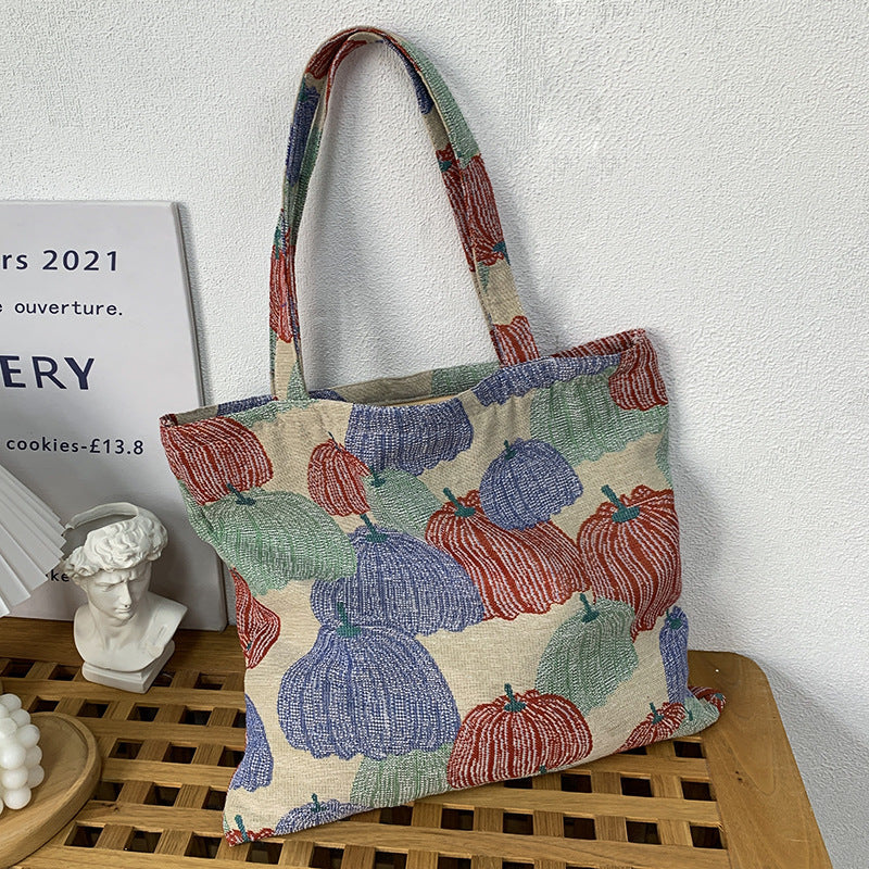 Vintage Pumpkin Embroidered Jacquard Canvas Bag