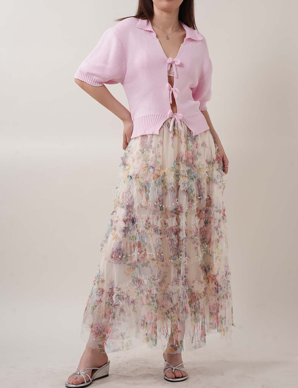 Floral Print Midi Tulle Mesh Skirts