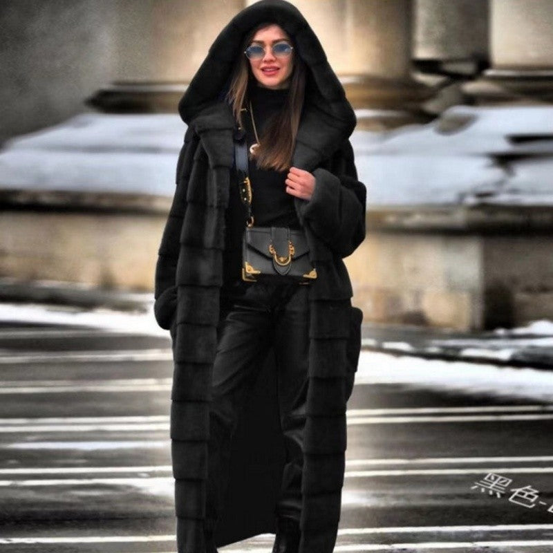 Thick Long Plush Hooded Faux Fur Coat
