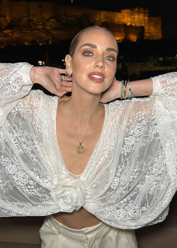 Sheer Lace Cropped Blouse With Floral Front Tie