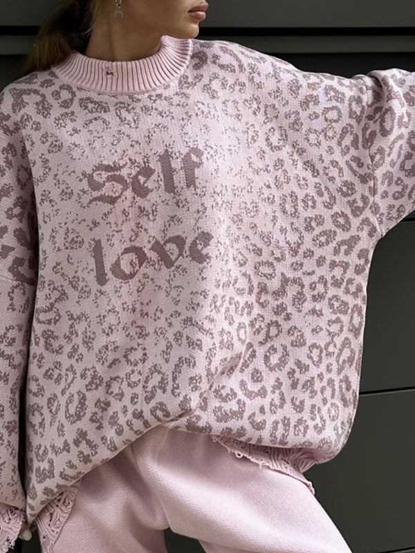 Long Sleeves Loose Hollow Knitted Letters Round-Neck Knitwear Pullovers Sweater Tops