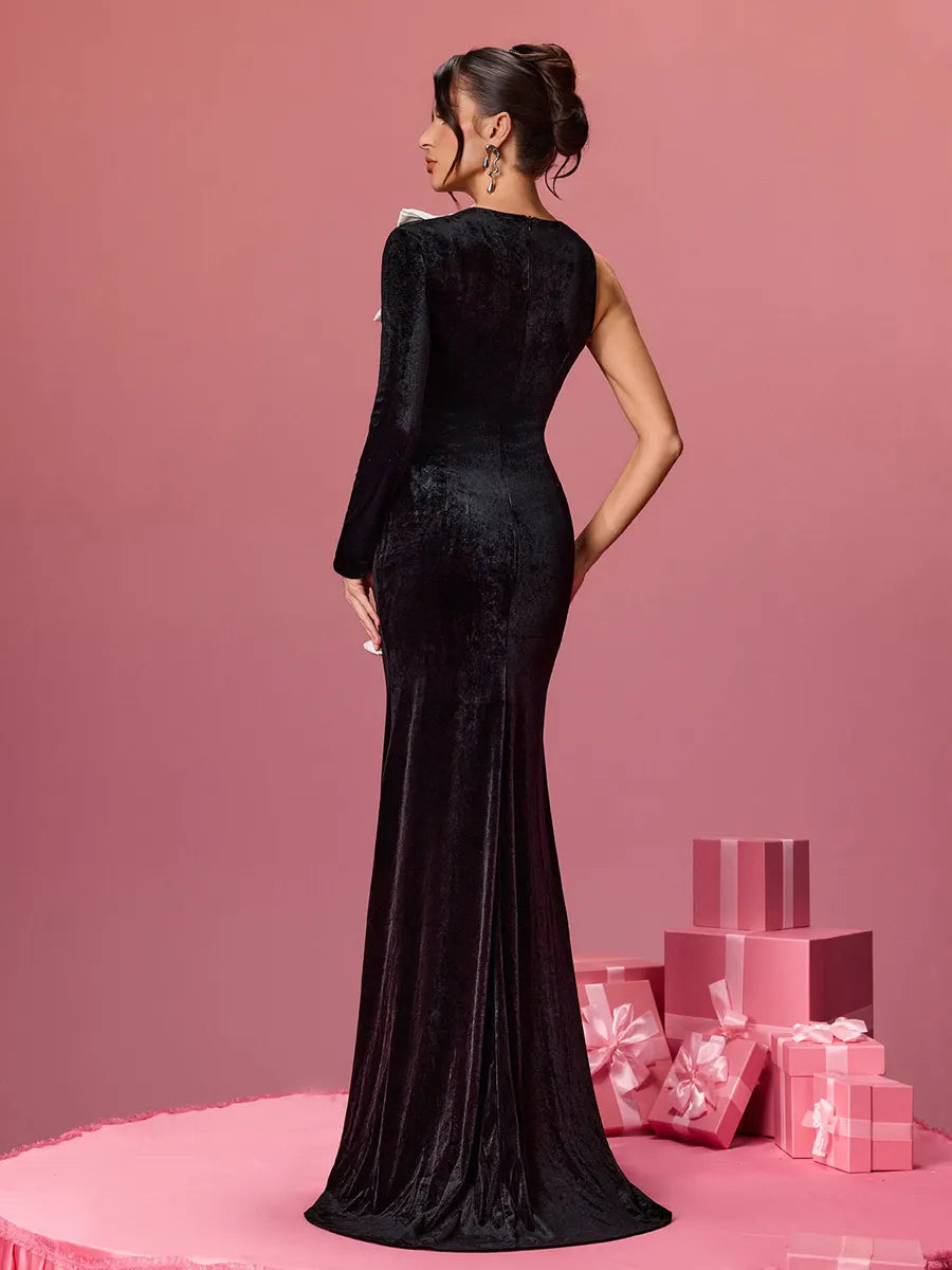 Lila One Shoulder Bow Velvet Maxi Dress