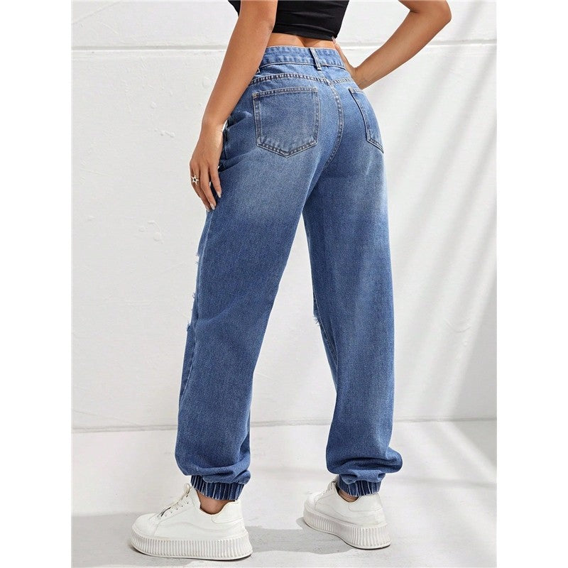 Casual High-Waist Slimming Loose Ripped Ripped Jeans