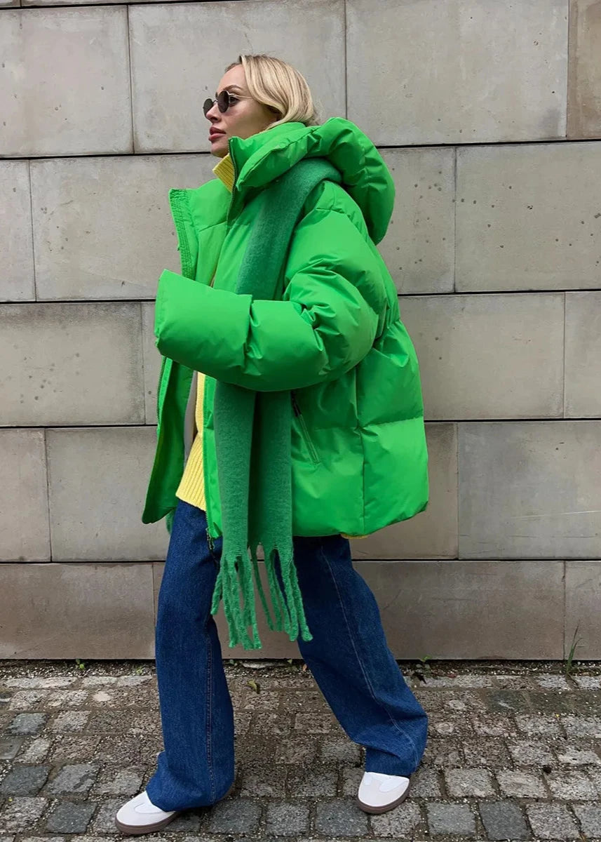 Neon Green Cotton Puffer Jacket With Hood