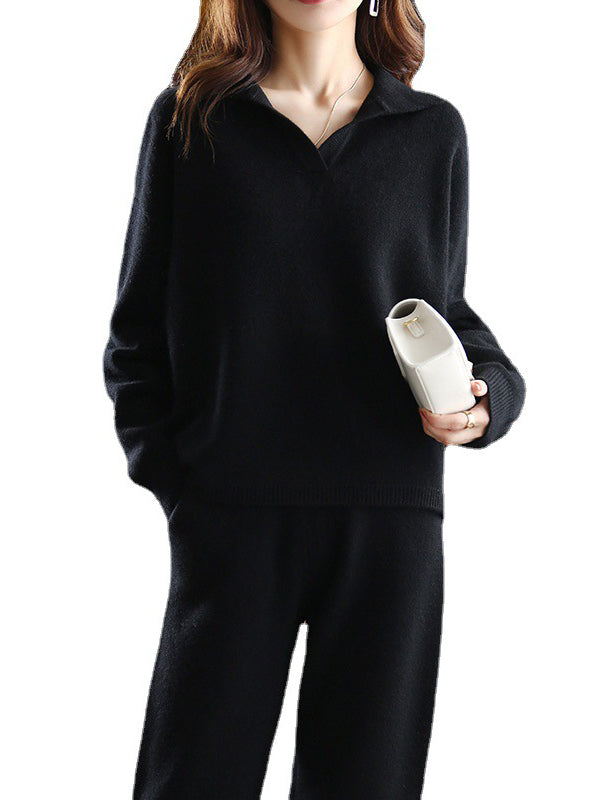 Casual Loose Solid Color Polo Sweater Tops & Wide Leg Pants Suits