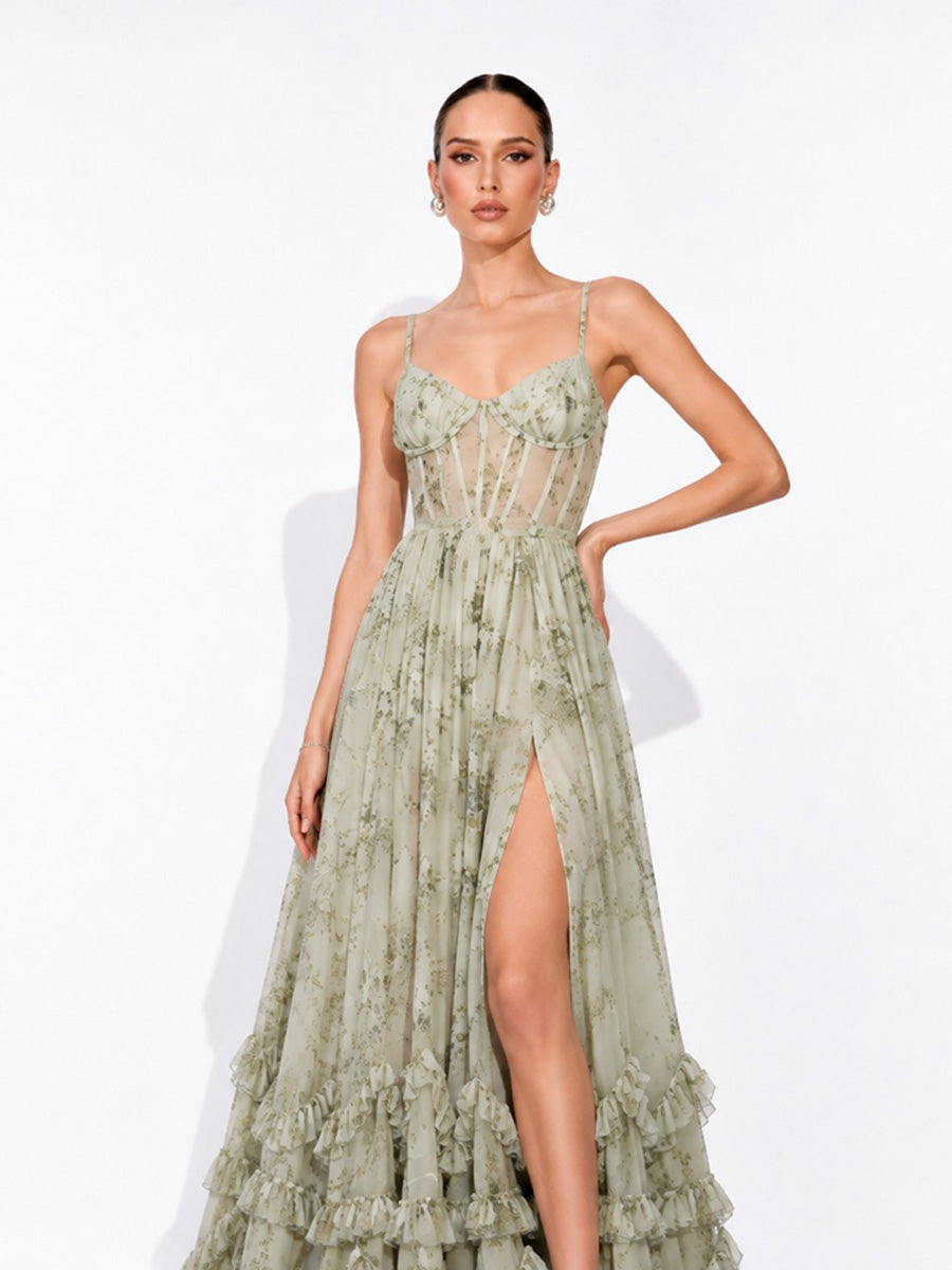 Annabel Ruffled Slit Maxi Dress In Green