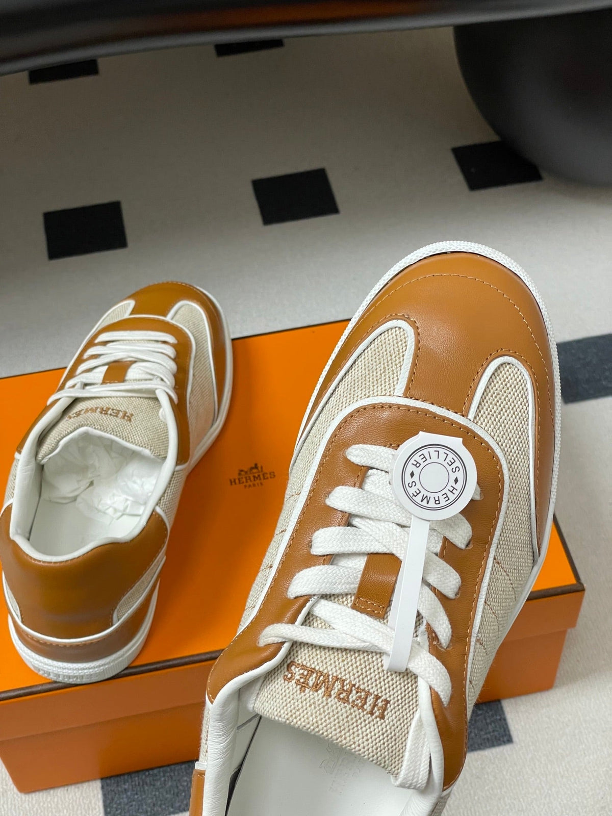Hermes 26 Match Sneakers Brown Beige in Calfskin 594337