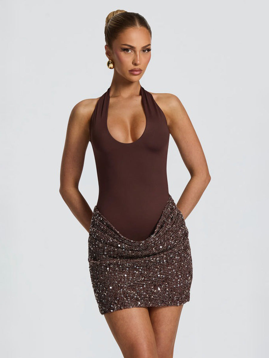 Evangeline Cross Halter Sequin Mini Dress