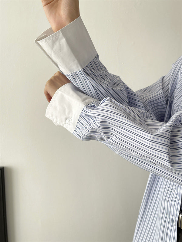 Irregular Clipping Pleated Split-Joint Striped Lapel Blouses