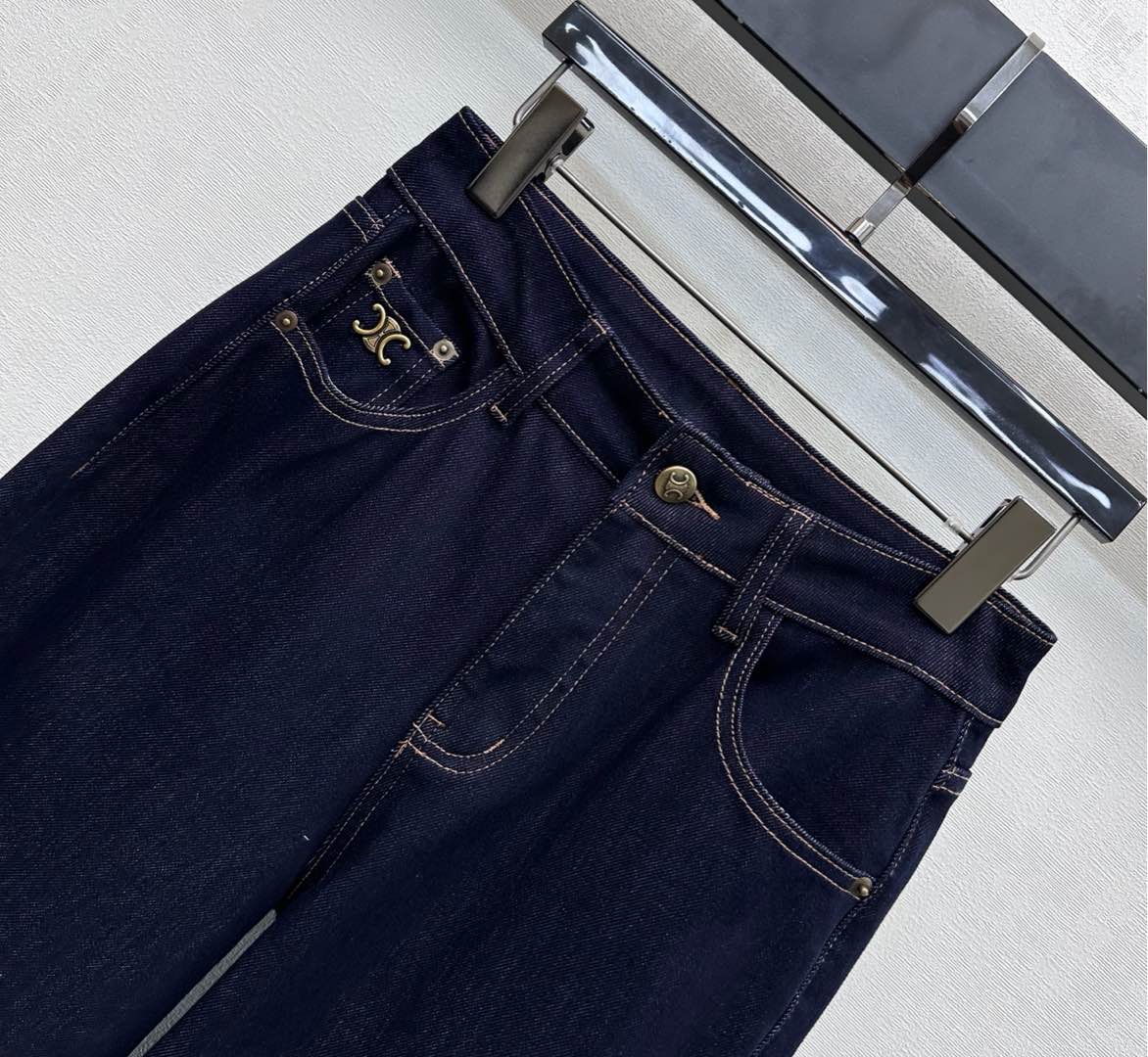 Celine Logo Straight-Leg Jeans Dark Blue Polyester Cotton 351743