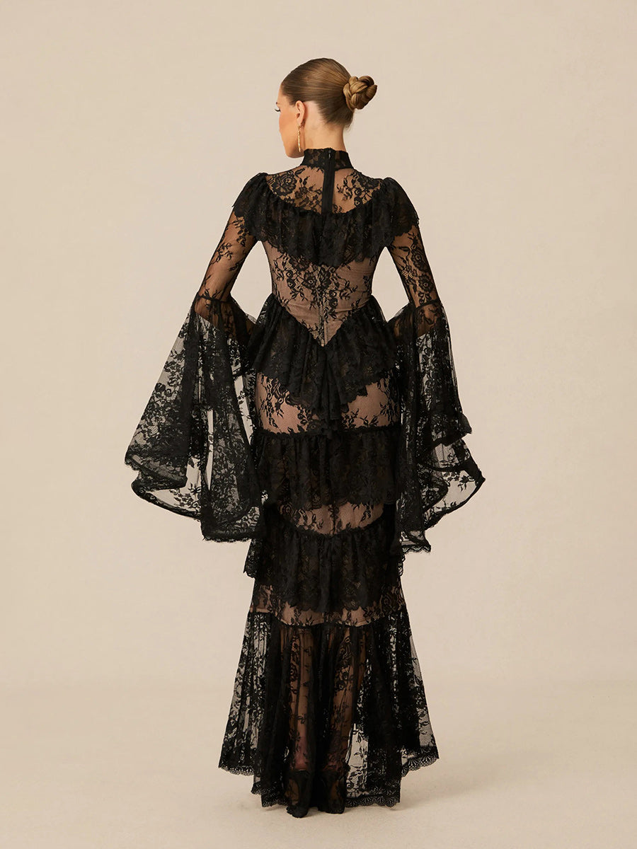 Elina Tiered Ruffle Sheer Lace Maxi Dress