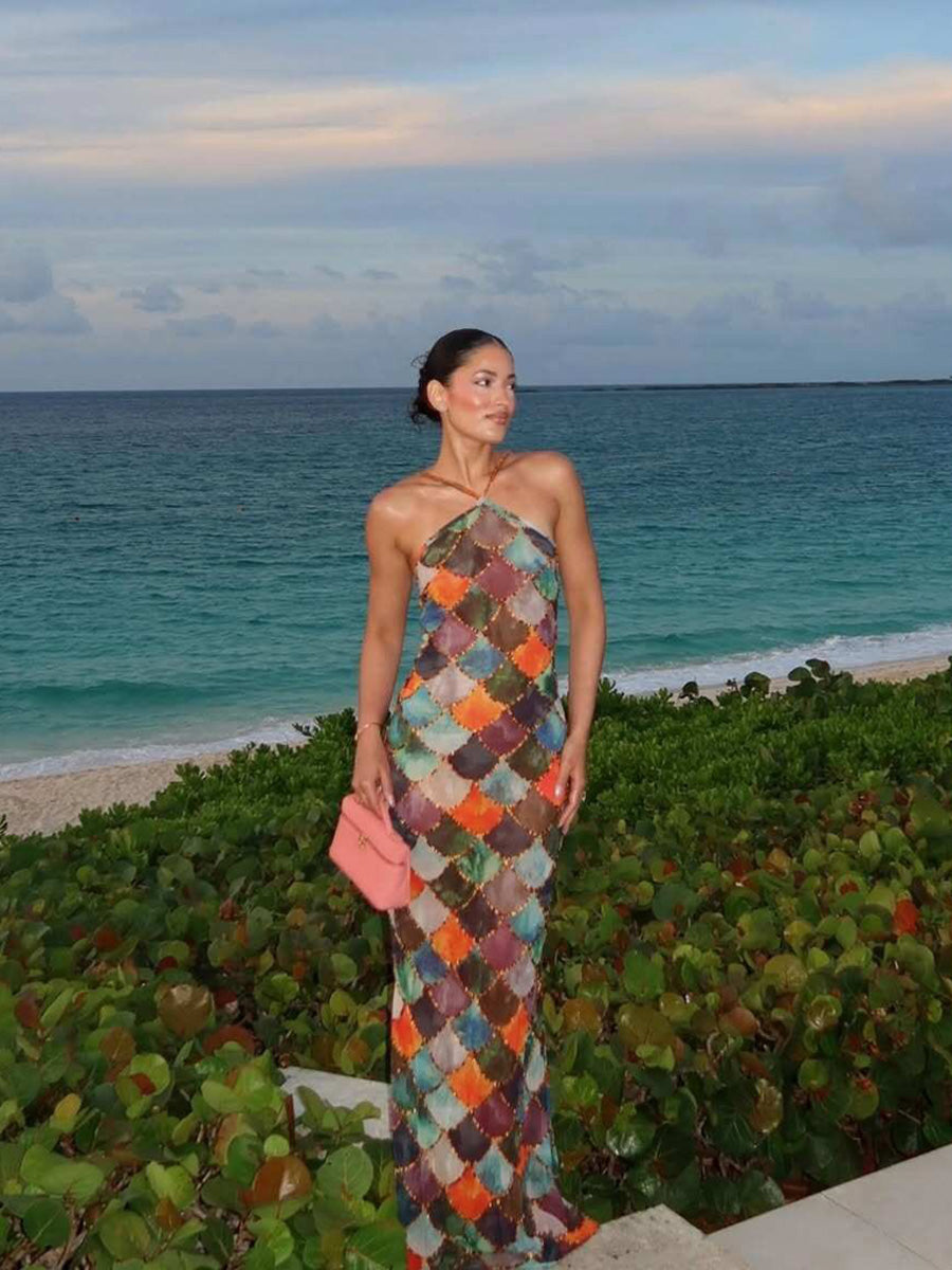 Felicia Mermaid Print Halter Maxi Dress