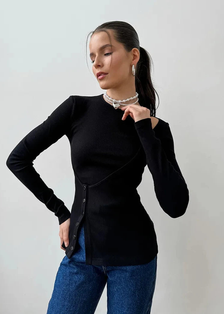 Black Knit Top With Asymmetric Cutout Design