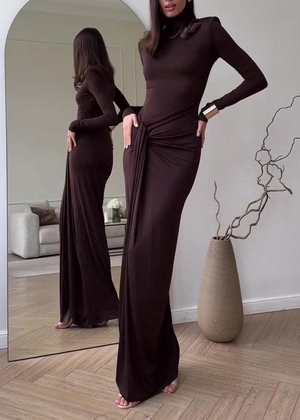 Maxi Dress Brown Stretchy Fabric Slit Design