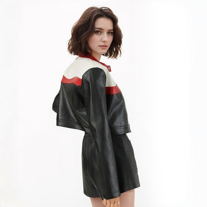 Short Color Block Biker Jacket