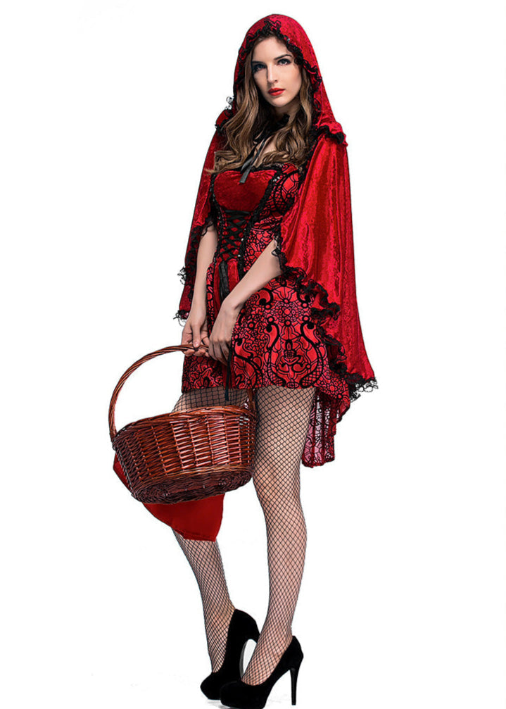 Red Polyester Lace Up Riding Hood Costume