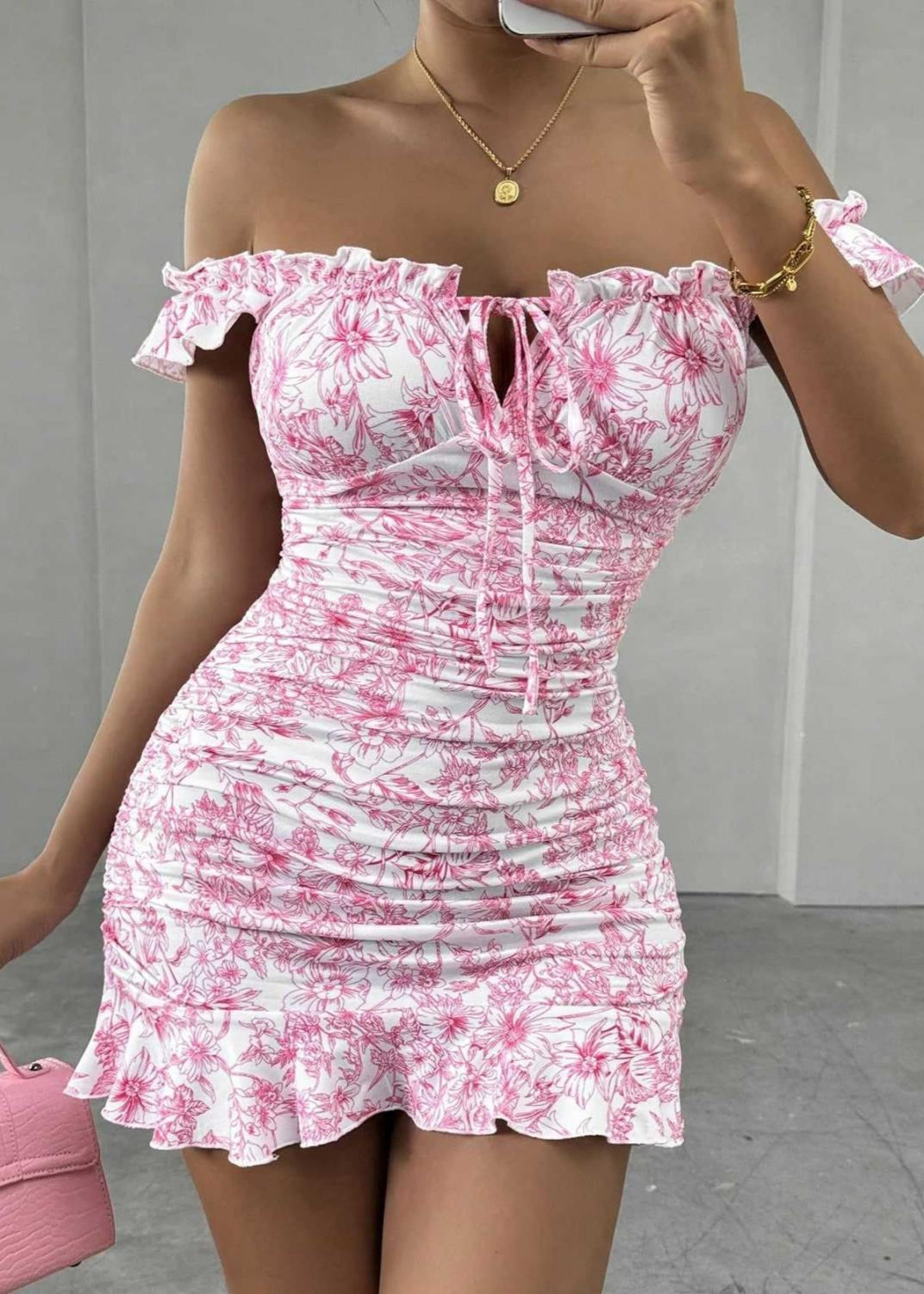 Floral Mini Dress Pink Ruched Off Shoulder