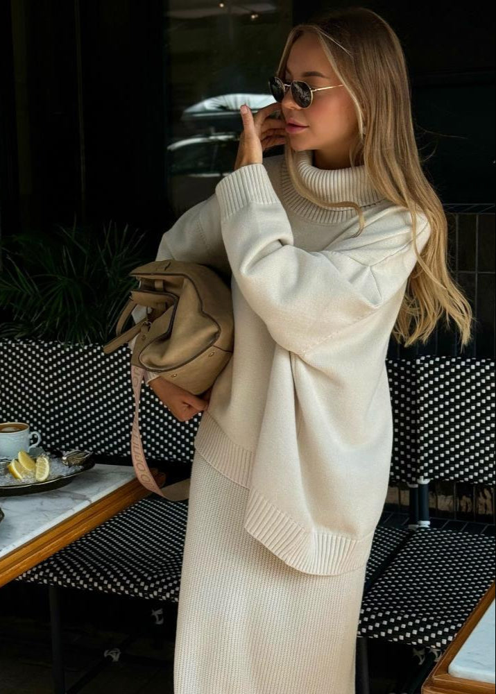 Oversized Knit Sweater And Maxi Skirt Set Beige