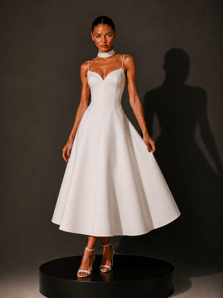 Ruby Retro-Elegant V-Neck Midi Dress In White