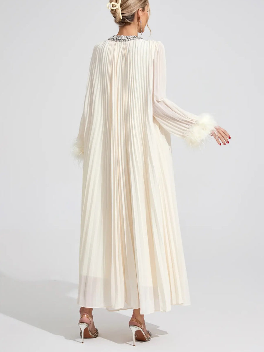 Elara Pleated Feather-Cuff Crystal-Embellished Maxi Dress