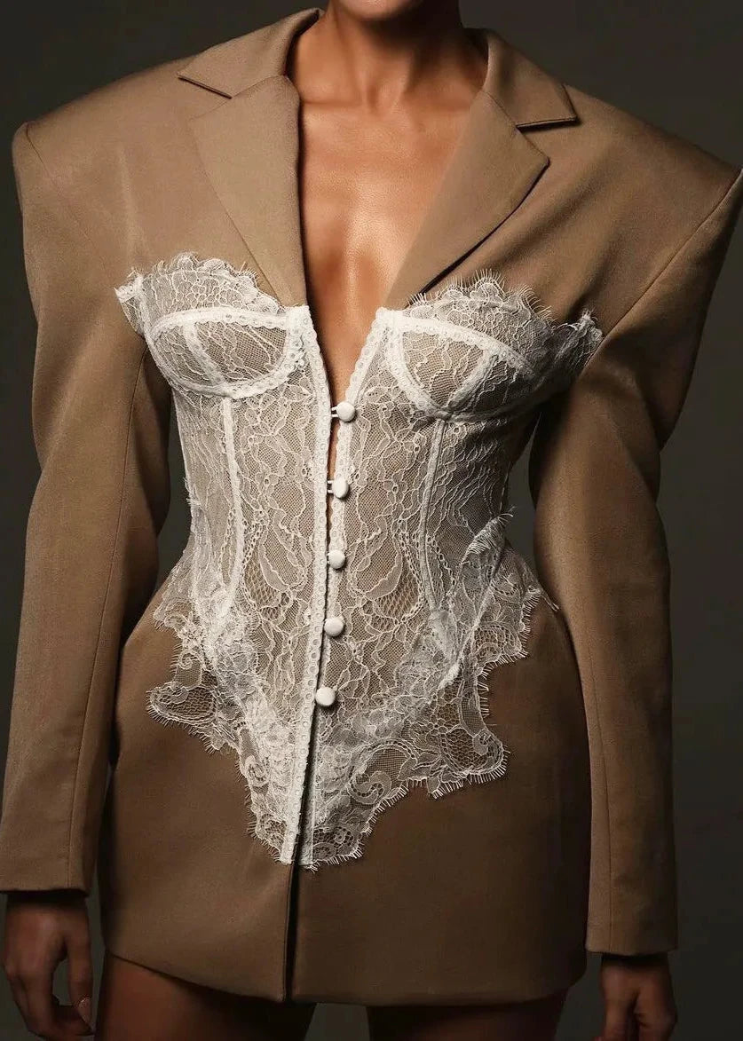 Contrast Lace Blazer Suit Premium Fabric