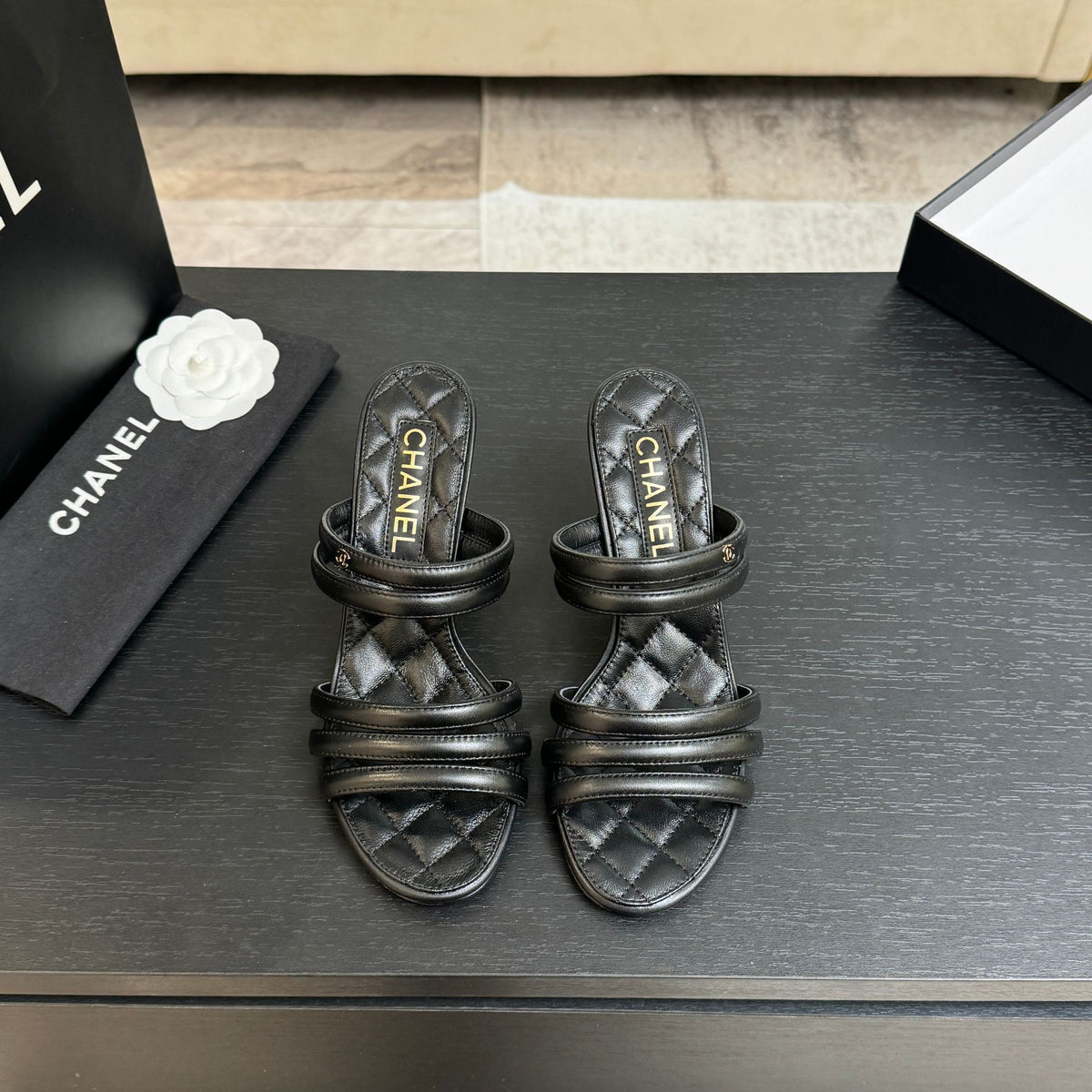 CC 26C Double C Strap Sandals Black Sheepskin