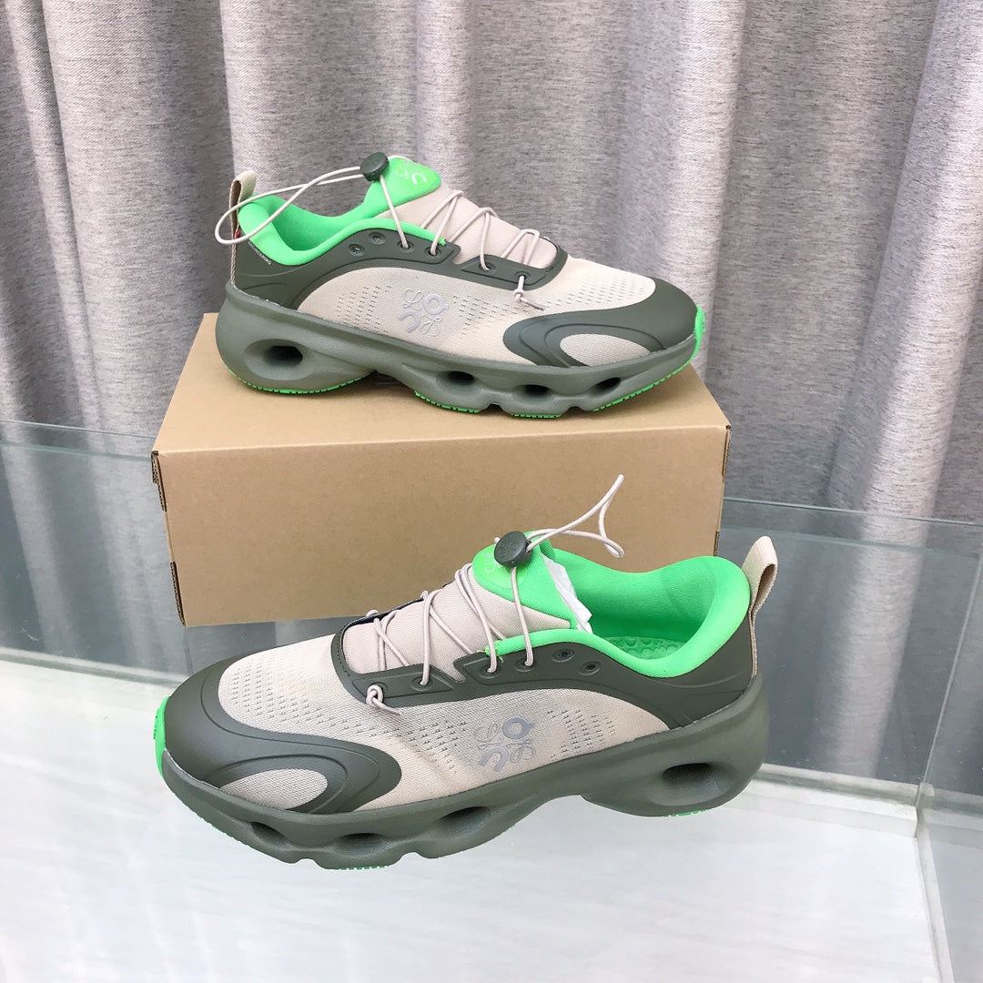 Loewe x on Angpao Couple Running Sneakers Khaki Green Nylon Calfskin 597422