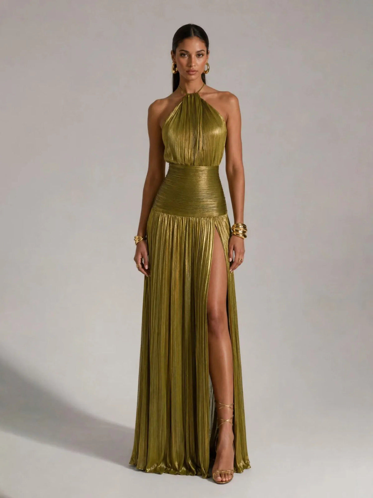Amara Pleated Halter Maxi Dress with High Slit