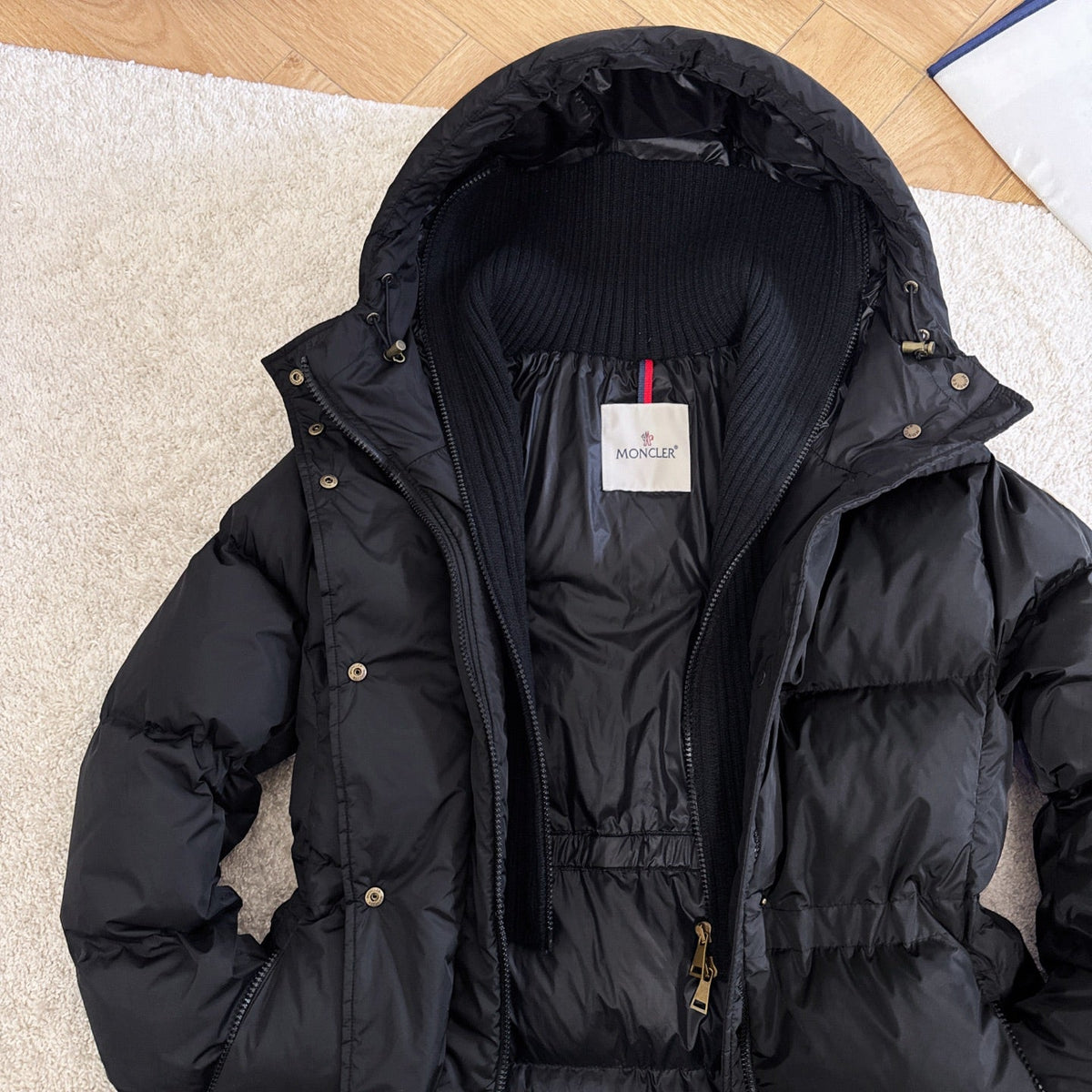 Moncler 2025 Chamer Wool-Trimmed Hooded Long Jacket Black Down