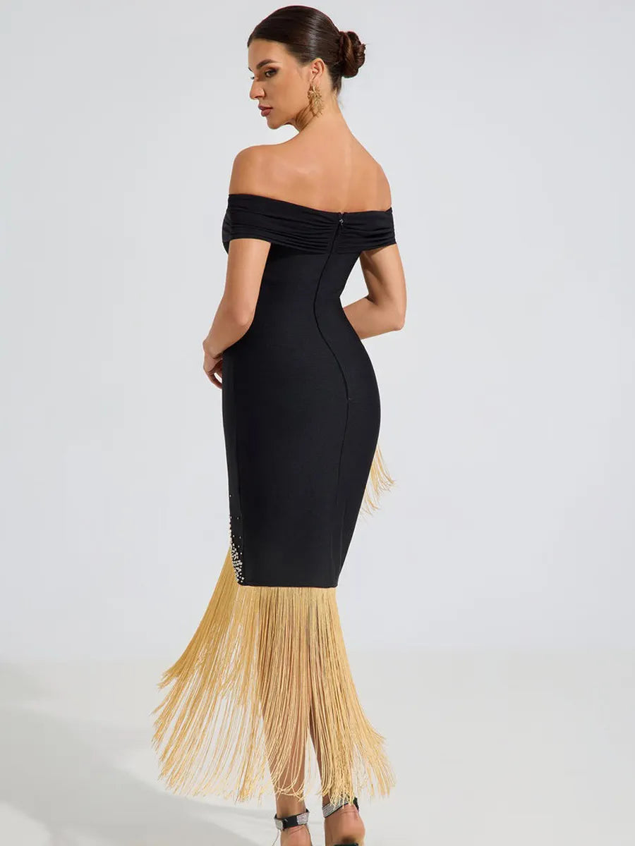 Taylor Gold Fringe Elegance Midi Dress In Black