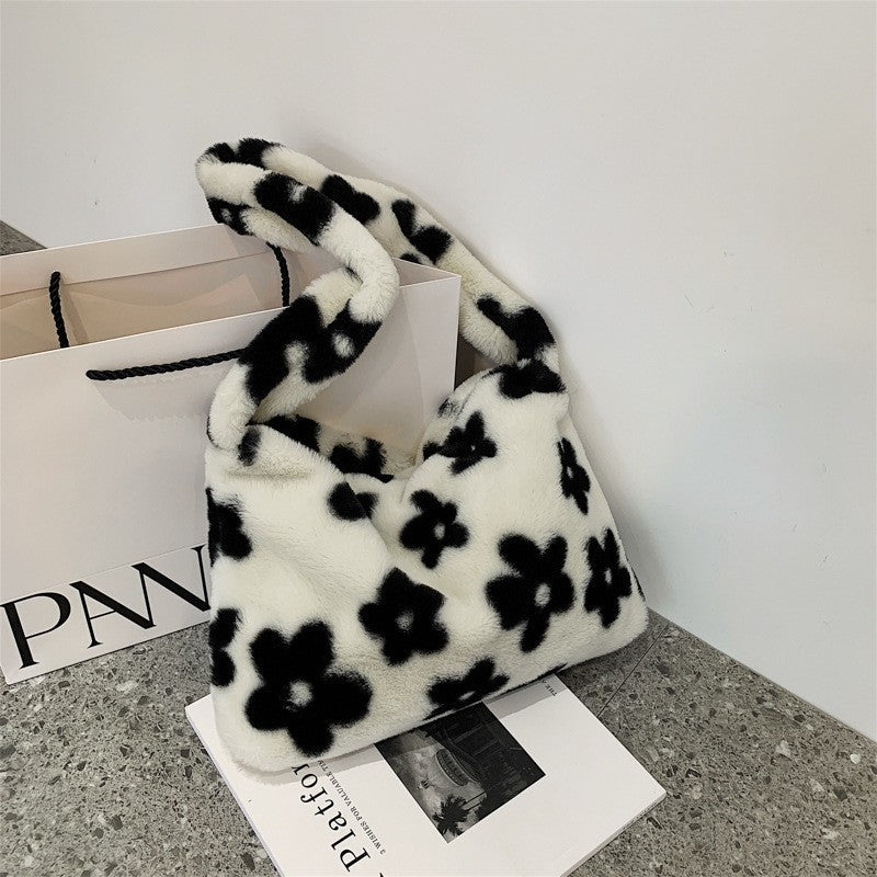 Cute Black White Flowers Plush Shoulder Bag