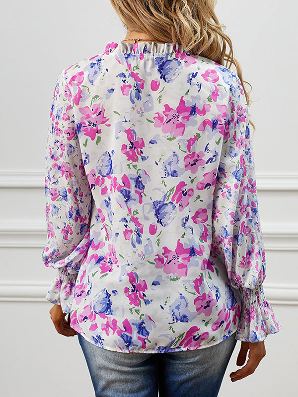 Flared Sleeves Long Sleeves Buttoned Elasticity Hollow Printed Tied V-Neck Blouses&Shirts Tops