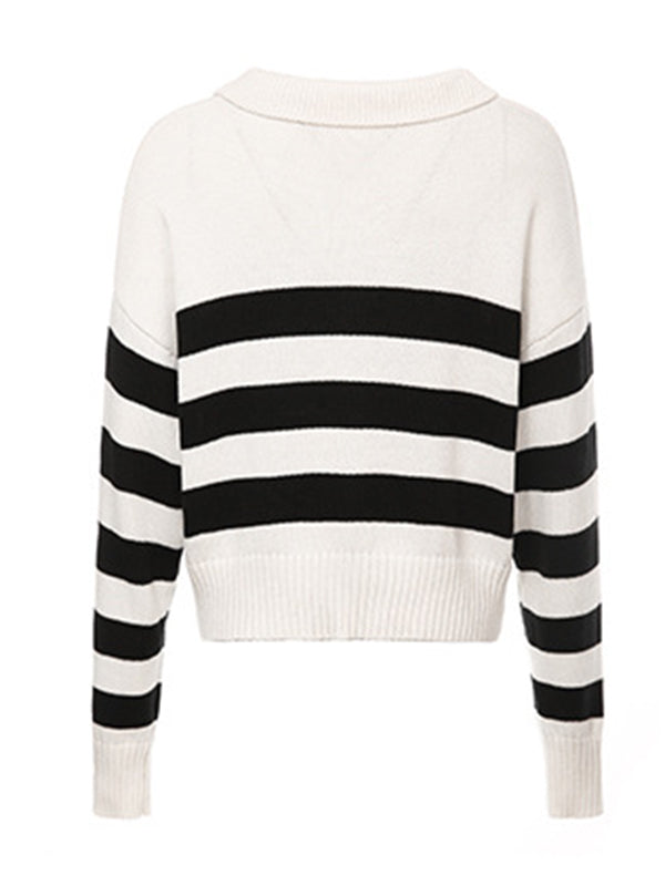 Simple Loose Striped Lapel Collar Long Sleeves Sweater Tops