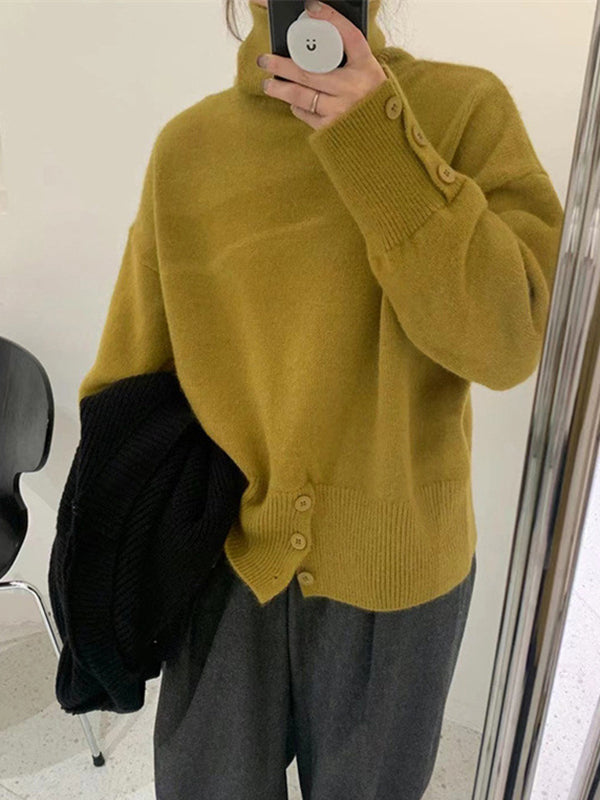 Simple Loose Long Sleeves Solid Color High-Neck Sweater Tops