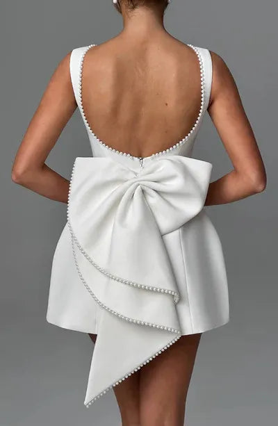 Mini Dress White Sleeveless Pearl Trim Bow Back