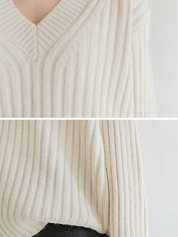 Casual Loose Solid Color V-Neck Sweater Tops