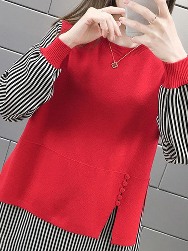 Original Loose Split-Joint 5 Colors Striped Round-Neck Long Sleeves False Two Sweater Top