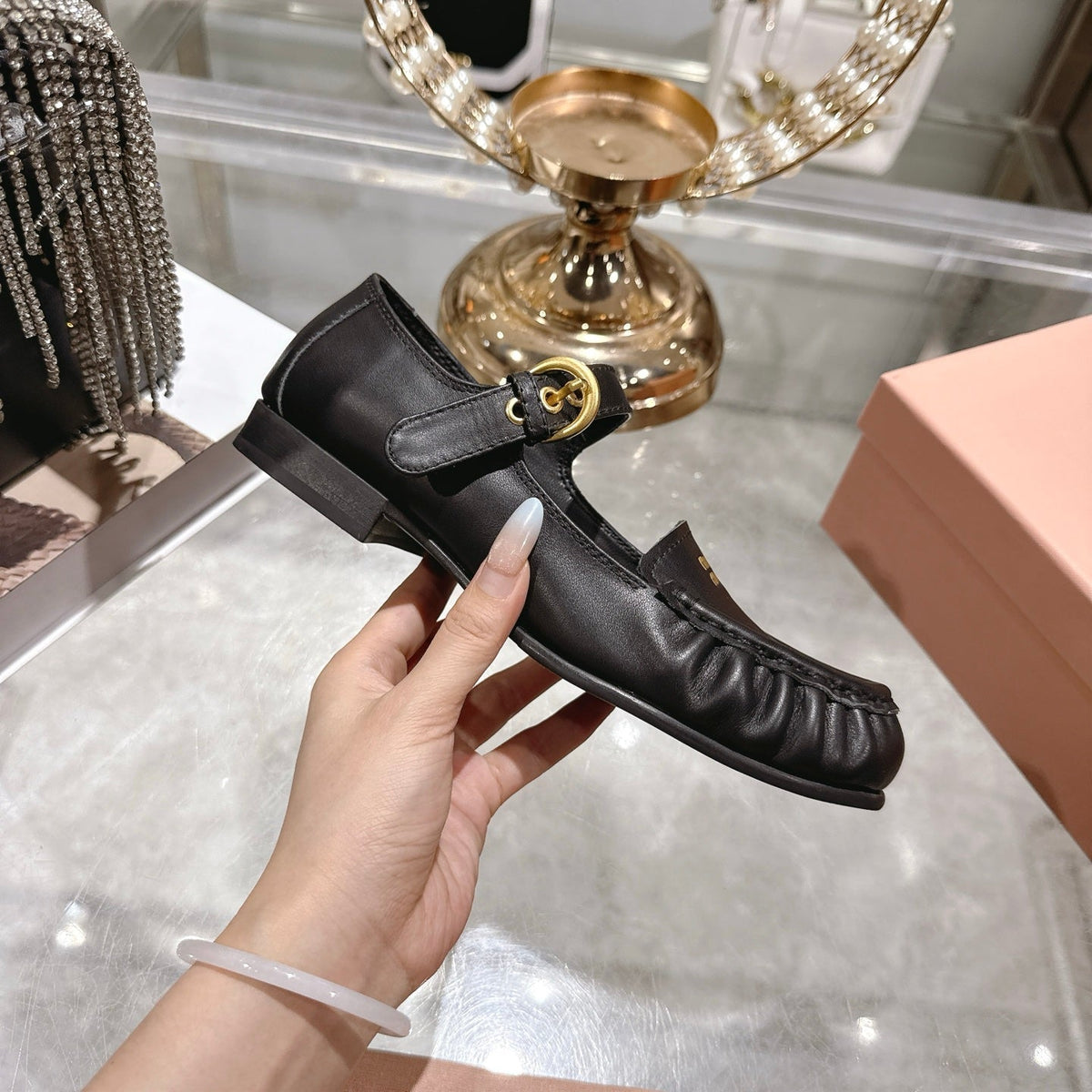 Miu Mary Jane Ballet Flats Black Leather 592041