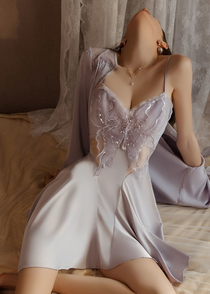 Satin Sleepwear Set With Butterfly Embroidery