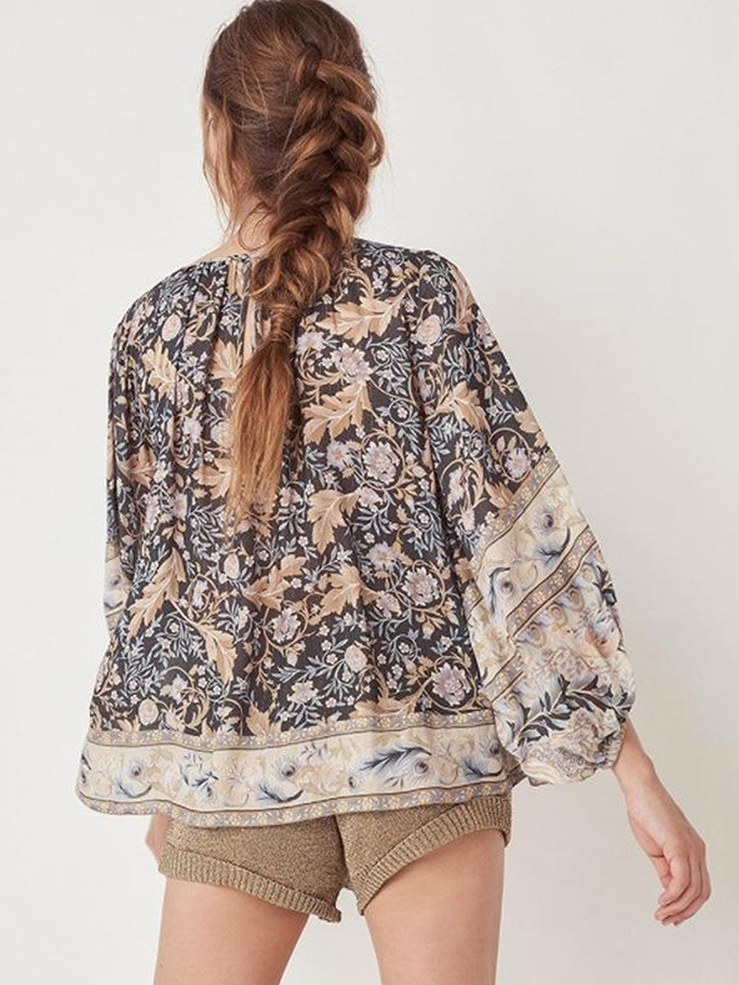 Loose Printed Blouse Bohemian Long Sleeve V-Neck Blouse