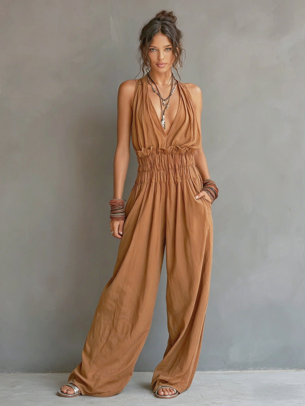 Halter Deep V Smocked Elastic Waist Wide Leg Palazzo Jumpsuit