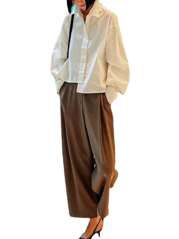 High-Low Long Sleeves Asymmetric Buttoned Solid Color Split-Side Lapel Blouses&Shirts Tops
